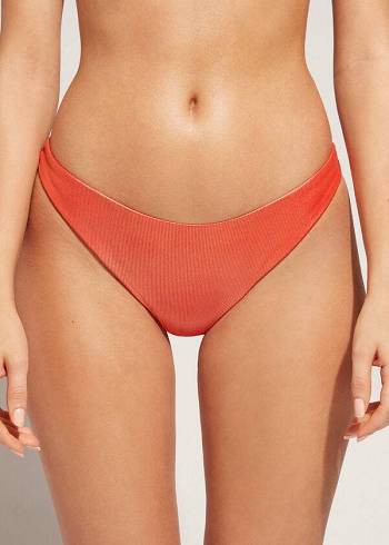 Calzedonia Coated-Effect High-Cut Brazilian Antigua Bikini Underdele Dame Koral Orange | DK1364GL