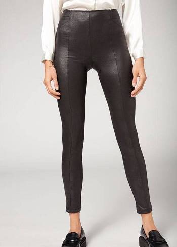 Calzedonia Coated Total Shaper Biker Leggings Dame Sort | DK2634TV