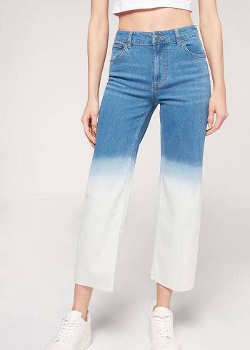 Calzedonia Cropped Lige-Leg Jeans Dame Blå Hvide | DK2566ZG