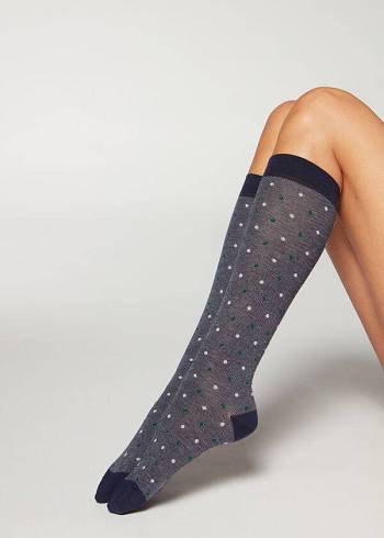 Calzedonia Dot-Pattern Long Sokker Dame Blå | DK2241IS