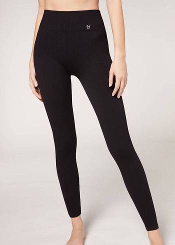 Calzedonia Fine Ribbet Seamless Sports Leggings Dame Sort | DK2645SO