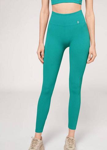 Calzedonia Fine Ribbet Seamless Sports Leggings Dame Turkis | DK2646AP