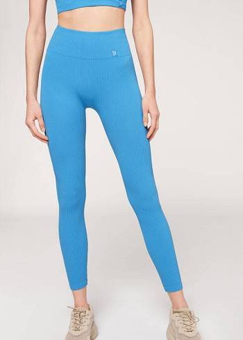 Calzedonia Fine Ribbet Seamless Sports Leggings Dame Blå | DK2647PQ