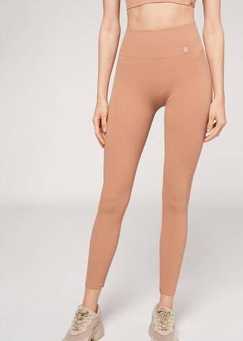 Calzedonia Fine Ribbet Seamless Sports Leggings Dame Beige | DK2651YU