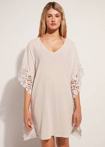 Calzedonia Floral Macramé Blonder Caftan Cover Ups Dame Beige | DK2081RW