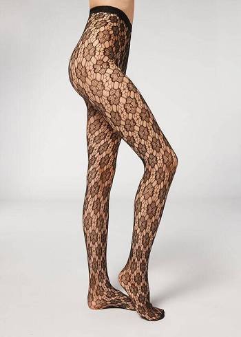 Calzedonia Floral-Motif Fishnet Patterned Tights Dame Sort | DK1101SO