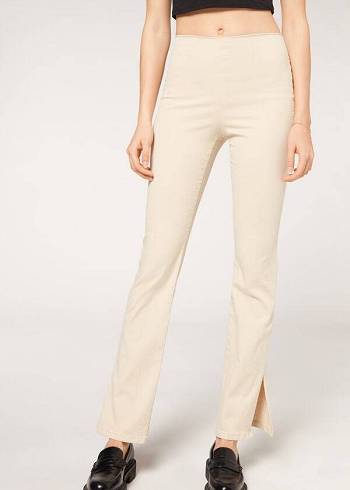 Calzedonia High-Talje Flared in Denim with Slits Leggings Dame Brune Beige | DK2661CE