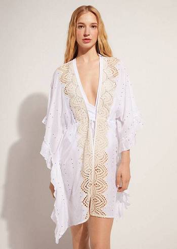 Calzedonia Kimono Caftan with Sangallo Blonder and Sequins Cover Ups Dame Hvide | DK2085IS