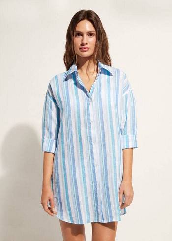 Calzedonia Linen Shirt Cover Ups Dame Blå Hvide | DK2090DN