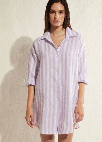 Calzedonia Linen Shirt Cover Ups Dame Lilla Hvide | DK2086OR