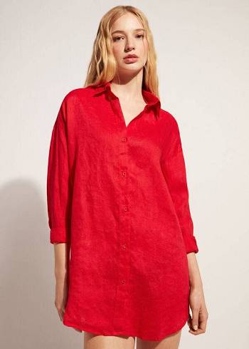 Calzedonia Linen Shirt Cover Ups Dame Rød | DK2095KI