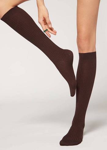 Calzedonia Long Ribbet Cashmere Sokker Dame Brune | DK2245SO