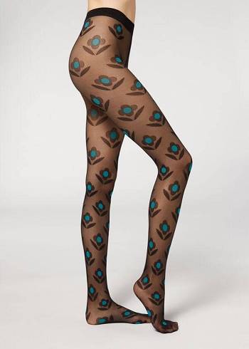 Calzedonia Macro Daisy Micronet Patterned Tights Dame Sort Blå | DK1113BC