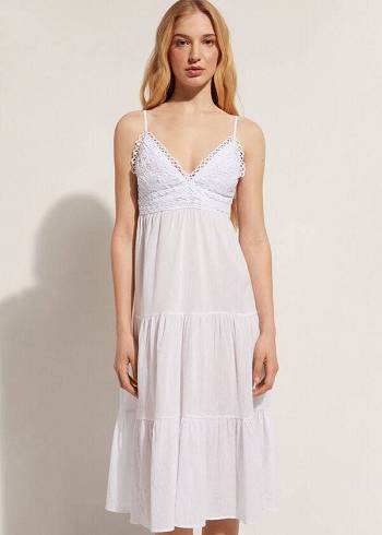 Calzedonia Midi Kjole in Macramé Blonder and Ruffled Skirt Cover Ups Dame Hvide | DK2104QZ