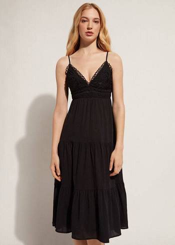 Calzedonia Midi Kjole in Macramé Blonder and Ruffled Skirt Cover Ups Dame Sort | DK2105WY