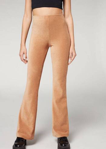 Calzedonia Ribbet Flared Velvet Leggings Dame Brune | DK2673PQ