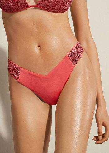 Calzedonia Sequined High-Cut Brazilian Cannes Bikini Underdele Dame Lyserød | DK1542AP