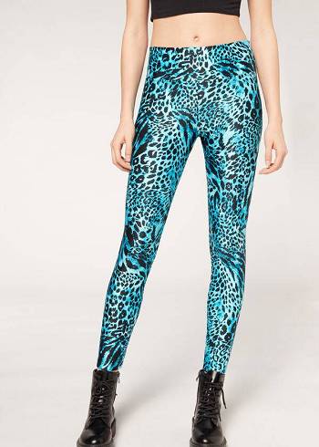 Calzedonia Shiny Animal-Print Atletiske Leggings Dame Turkis | DK2681WY