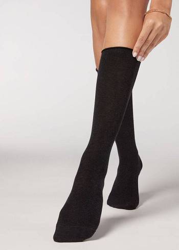 Calzedonia Smooth Bomulds Mid-Calf Long Sokker Dame Grå | DK2258NB