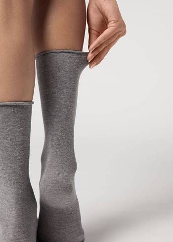 Calzedonia Smooth Bomulds Mid-Calf Long Sokker Dame Sølv | DK2262EX