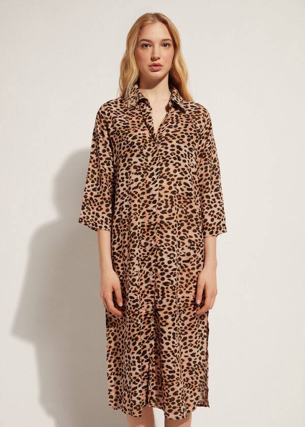 Calzedonia Animal Patterned Midi Shirt Cover Ups Dame Brune | DK2067HK