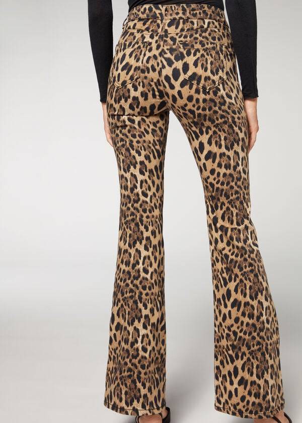 Calzedonia Animal Print Flared Jeans Dame Brune | DK2561NB