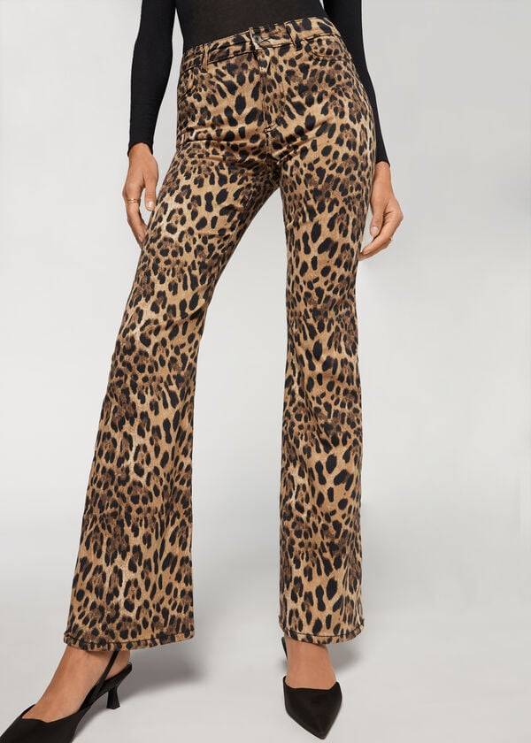 Calzedonia Animal Print Flared Jeans Dame Brune | DK2561NB