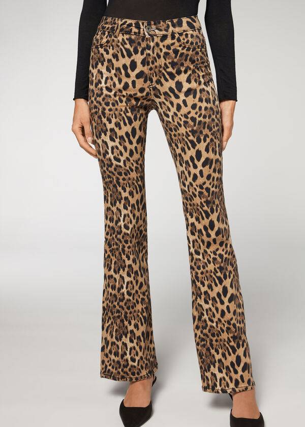 Calzedonia Animal Print Flared Jeans Dame Brune | DK2561NB