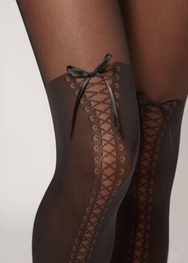 Calzedonia Boot-Effect Longuette Patterned Tights Dame Sort | DK1088NB