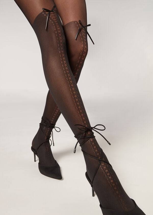 Calzedonia Boot-Effect Longuette Patterned Tights Dame Sort | DK1088NB