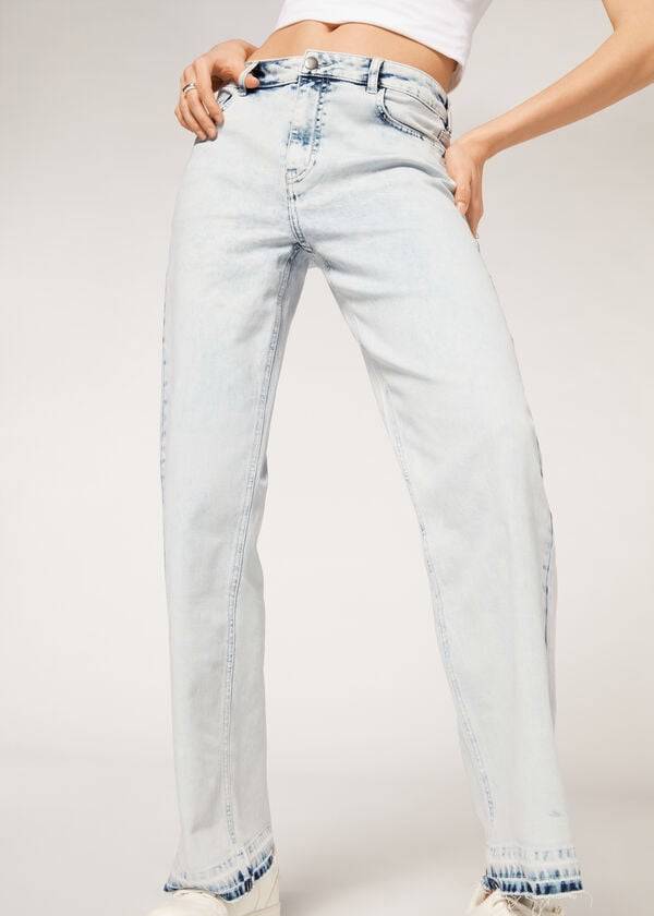 Calzedonia Brede-Leg Frayed Jeans Dame Blå | DK2618ZG