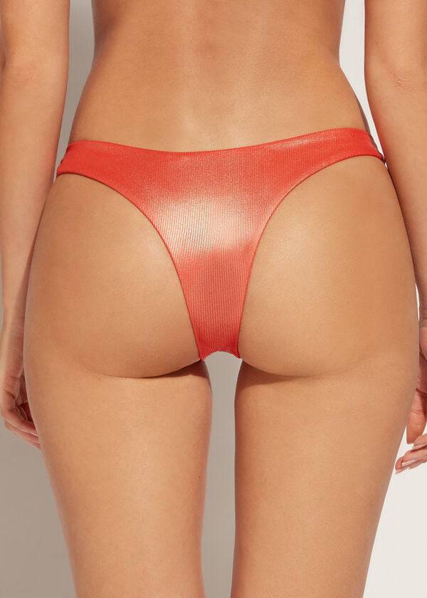 Calzedonia Coated-Effect High-Cut Brazilian Antigua Bikini Underdele Dame Koral Orange | DK1364GL