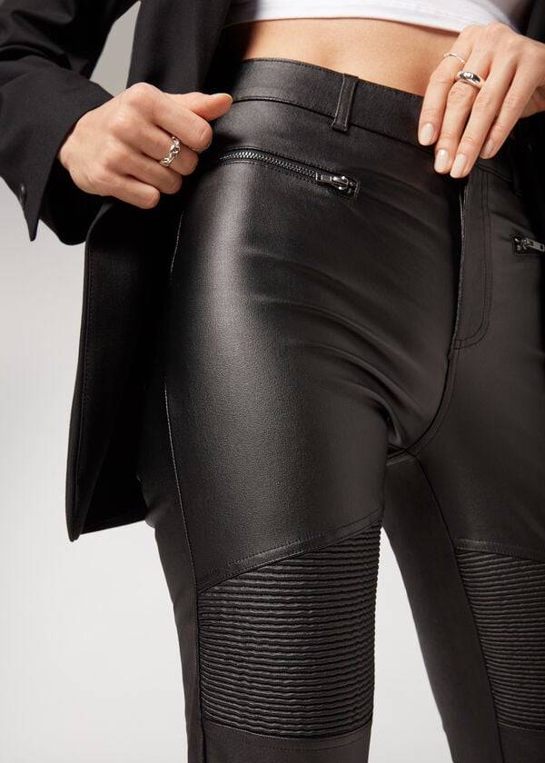 Calzedonia Coated Mager Biker Bukser Dame Sort | DK2721UT