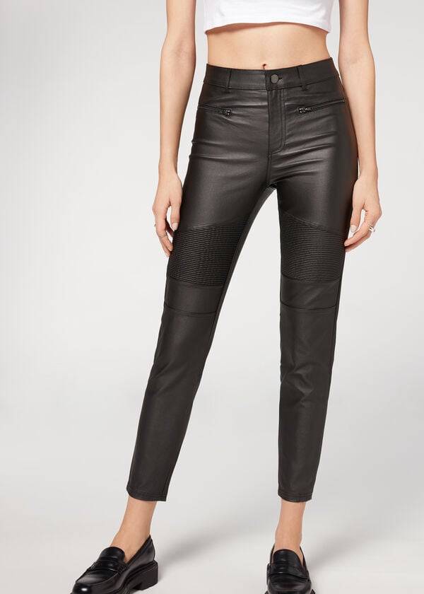 Calzedonia Coated Mager Biker Bukser Dame Sort | DK2721UT