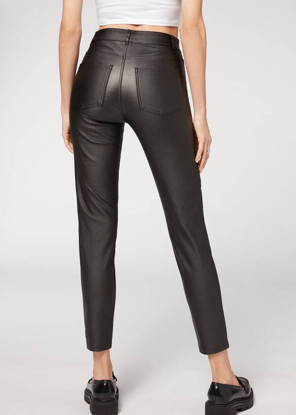 Calzedonia Coated Mager Biker Leggings Dame Sort | DK2629PQ