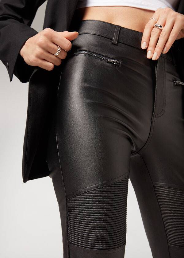 Calzedonia Coated Mager Biker Leggings Dame Sort | DK2629PQ