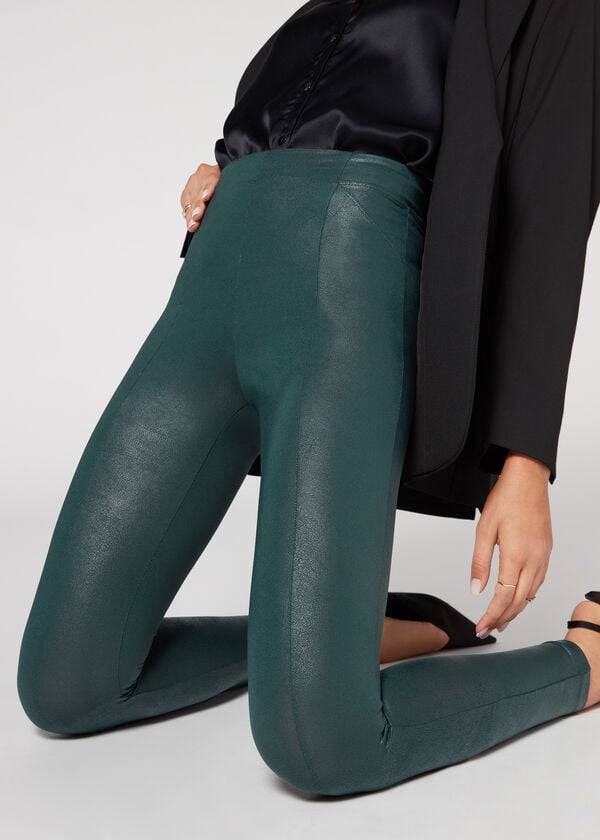 Calzedonia Coated Total Shaper Biker Leggings Dame Grøn | DK2633YU