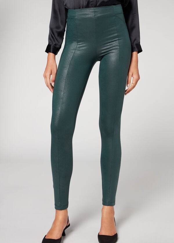 Calzedonia Coated Total Shaper Biker Leggings Dame Grøn | DK2633YU