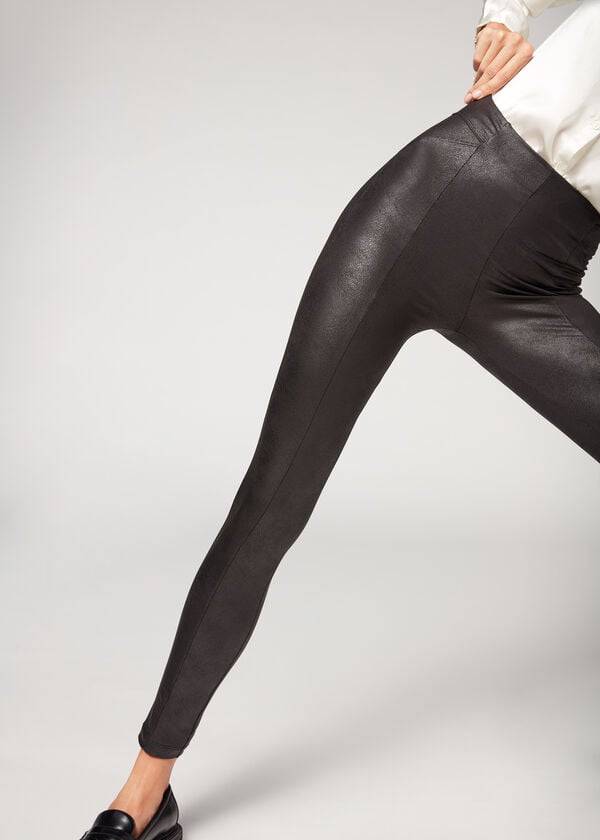 Calzedonia Coated Total Shaper Biker Leggings Dame Sort | DK2634TV