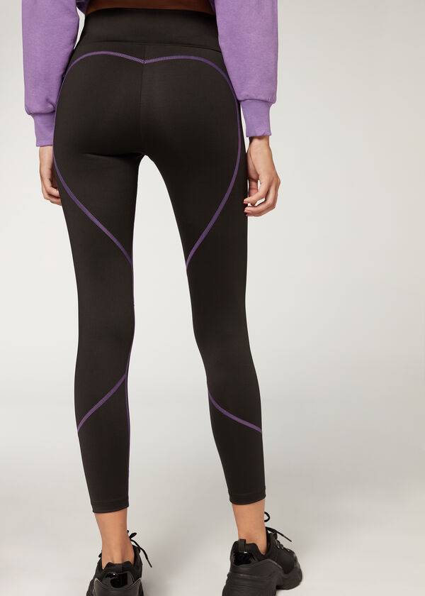 Calzedonia Contrast Seam Performance Atletiske Leggings Dame Sort Lilla | DK2635RW