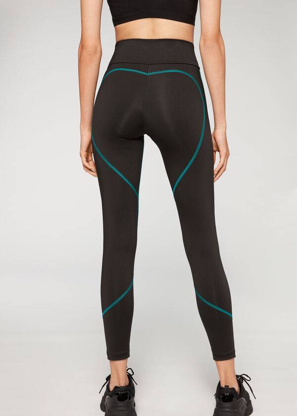 Calzedonia Contrast Seam Performance Atletiske Leggings Dame Sort Grøn | DK2636EX