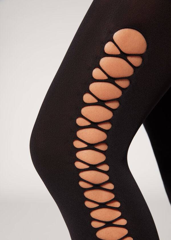 Calzedonia Crisscross Cut-Out Opaque 90 Denier Patterned Tights Dame Sort | DK1090QZ