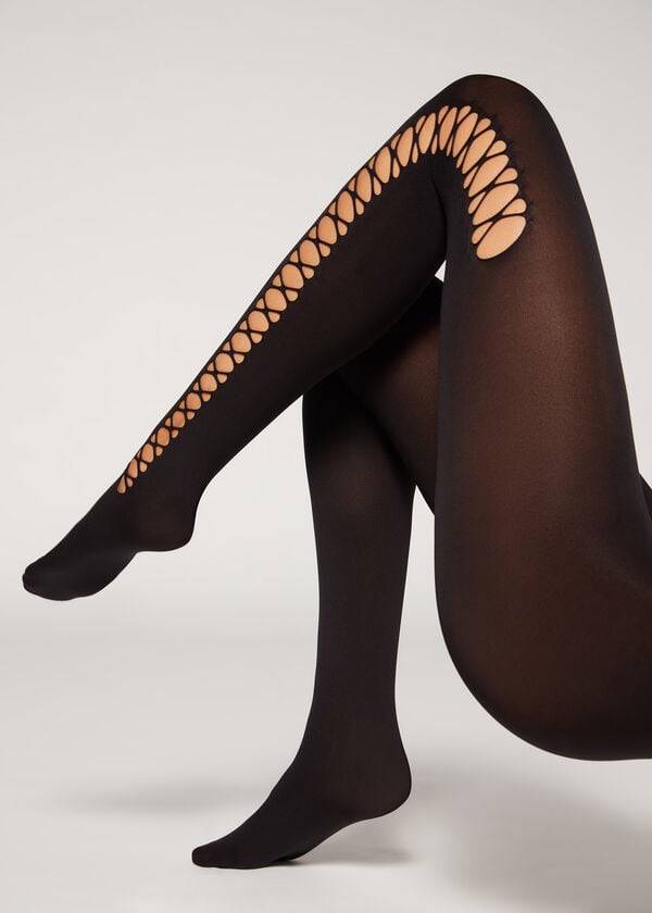 Calzedonia Crisscross Cut-Out Opaque 90 Denier Patterned Tights Dame Sort | DK1090QZ