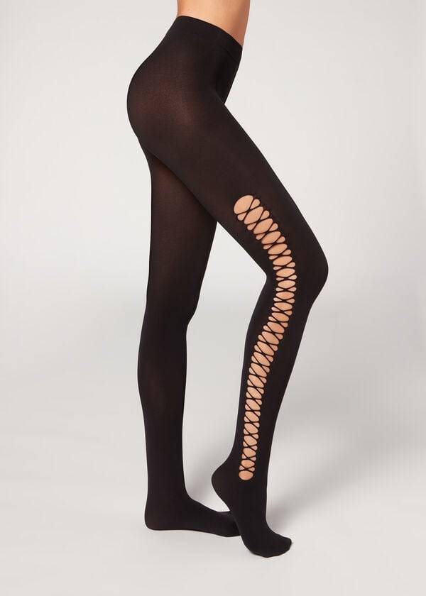 Calzedonia Crisscross Cut-Out Opaque 90 Denier Patterned Tights Dame Sort | DK1090QZ