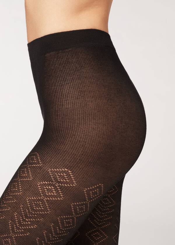 Calzedonia Diamond Pattern with Cashmere Patterned Tights Dame Sort | DK1093RW