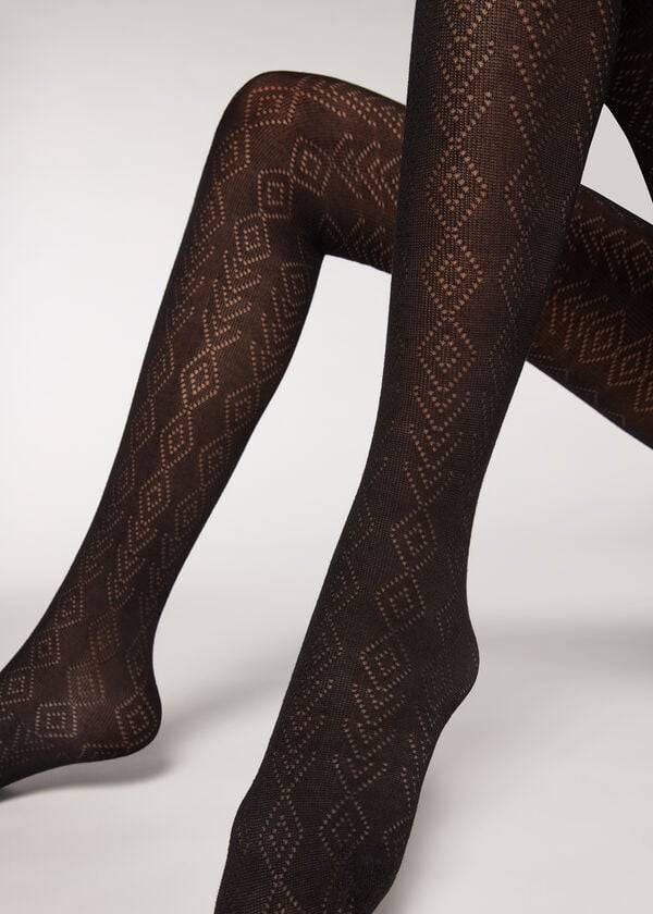 Calzedonia Diamond Pattern with Cashmere Patterned Tights Dame Sort | DK1093RW