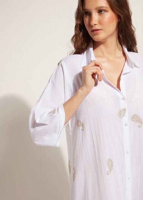 Calzedonia Embroidered Paisley Lamé Midi Shirt Cover Ups Dame Hvide | DK2079WY