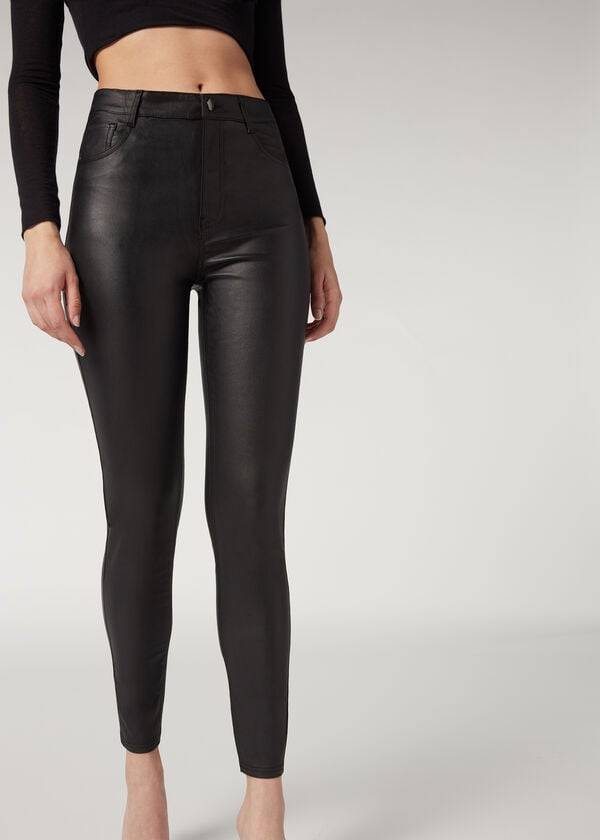 Calzedonia Faux Læder Mager Leggings Dame Sort | DK2643FM