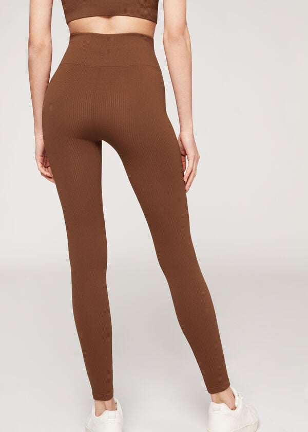 Calzedonia Fine Ribbet Seamless Sports Leggings Dame Brune | DK2649IS