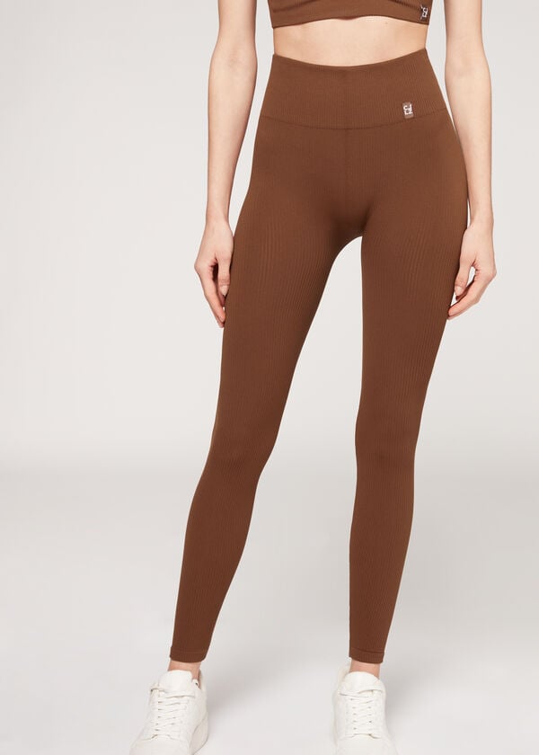 Calzedonia Fine Ribbet Seamless Sports Leggings Dame Brune | DK2649IS